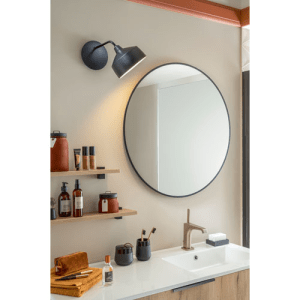 miroir rond contour noir + applique murale noir mat