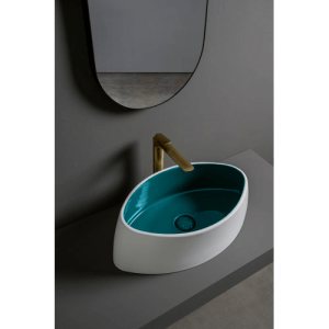 VASQUE CÉRAMIQUE LAVABO À POSER BICOLORE BLEU PÉTROLE ET BLANC MAT