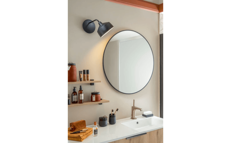 miroir rond contour noir + applique murale noir mat