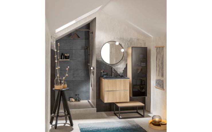 miroir rond contour noir + applique led ronde chormé brillant