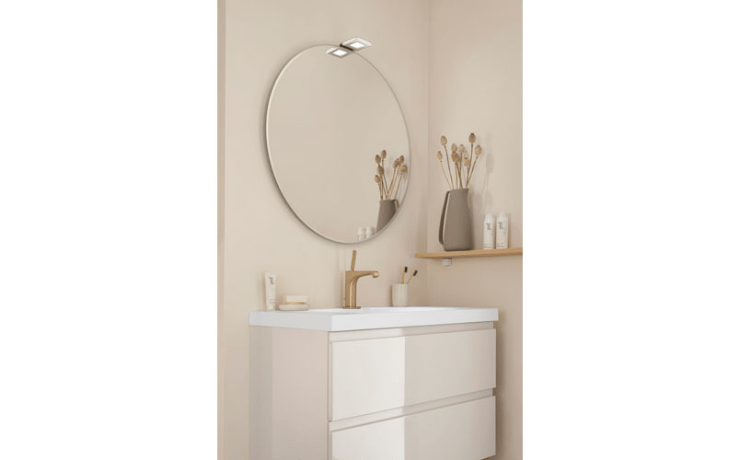 miroir rond contour sable + applique led carrée chromé brillant