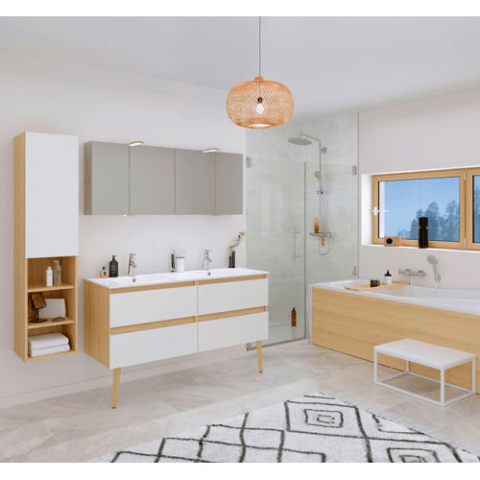 2 armoires de toilette 4 PORTES + APPLIQUES LED BOIS CHÈNE NATUREL