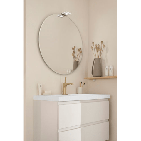 miroir rond contour sable + applique led carrée chromé brillant