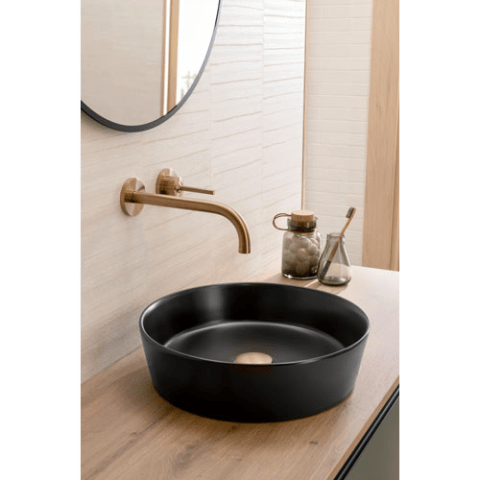 Plan de toilette stratifié sur-mesure chêne ambré structuré + vasque Source noir mat